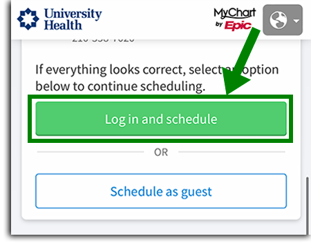 Screen shot of MyChart Login button