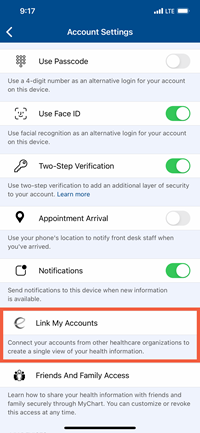 MyChart Account Settings