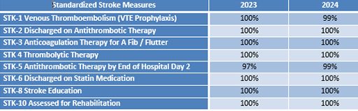 Table comparing standardized stroke measures for 2023 and 2024