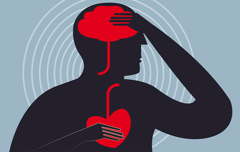 Illustration of a person with one hand to their head and one hand to their heart.
